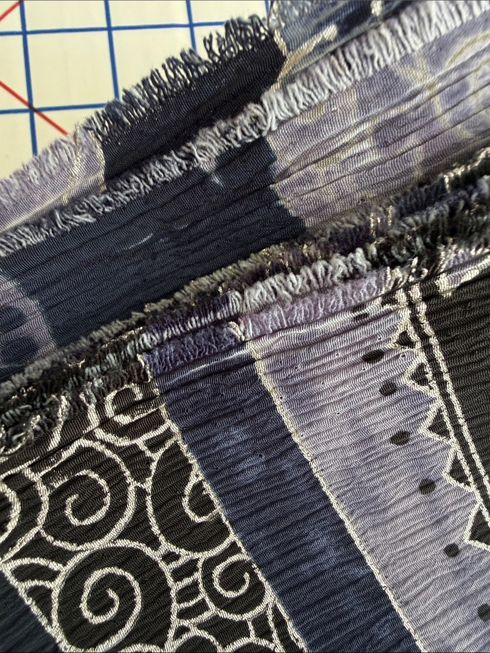 Vintage 1980s Crinkle Crepe Fabric Asian Floral Stripe Black Blue 3 1/3 Yds - Picture 3 of 13